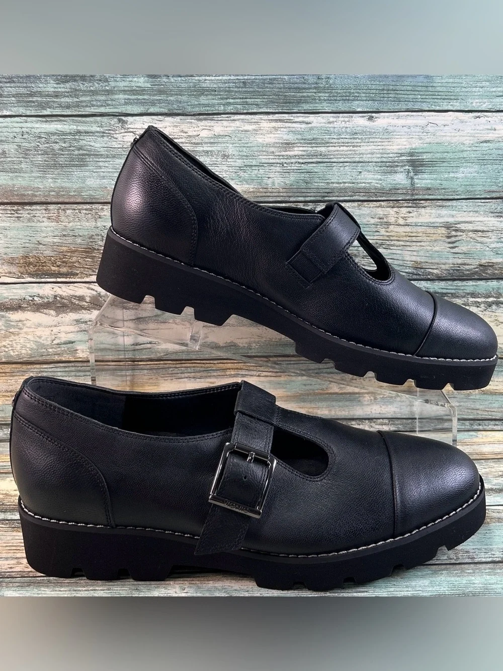 VIONIC T-Strap Mary Janes 8.5W Wedge Schoolgirl Collegiate Preppy Black Leather